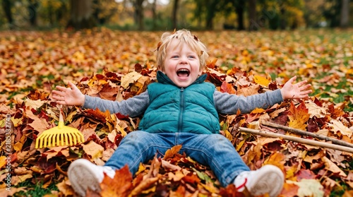 Happy little boy laughing and playing in a pile of fallen autumn leaves with a yellow toy rake in the park
