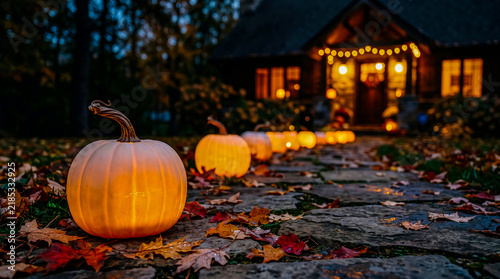 Glowing pumpkins lining stone pathway to cozy cabin on Halloween night