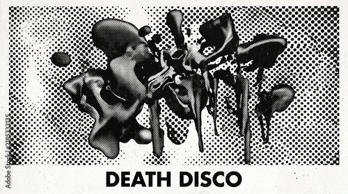 Abstract black and white dissolving shapes with halftone dots and Death Disco text poster.