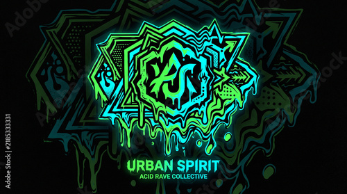 Neon green urban spirit graffiti logo with abstract tribal and cyberpunk elements on black.