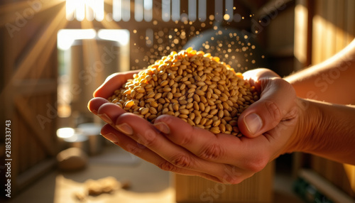 Hands gently cradling golden wheat grains in a sunlit agricultural landscape