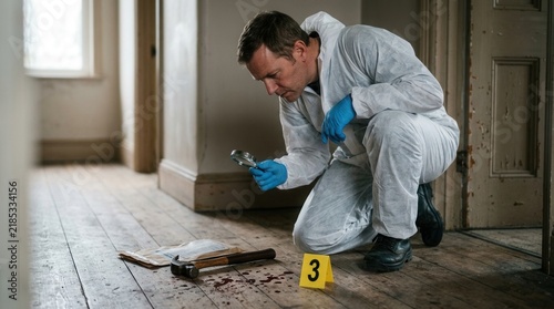 Forensic Investigator Examines Crime Scene Evidence With Magnifying Glass On Wooden Floor
