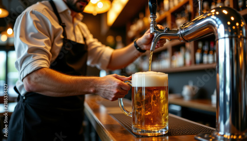 Bartender serving freshly poured draft beer into a glass during a lively oktoberfest celebration