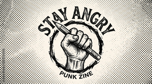 Grunge halftone poster featuring a raised fist holding a pencil with 