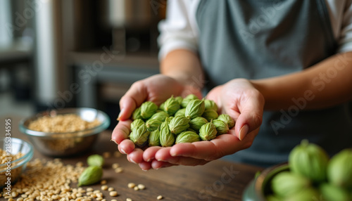 Brewmaster inspecting fresh green hops for quality in a brewery setting oktoberfest celebration preparation