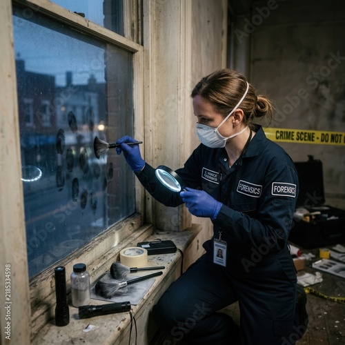 Forensic Investigator Examines Window Evidence At Crime Scene