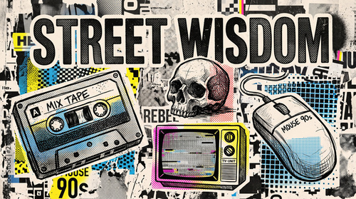 Urban grunge collage with cassette tape, skull, retro TV, computer mouse, and 