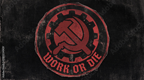 Red and black grunge emblem featuring a hammer and sickle inside a gear with 