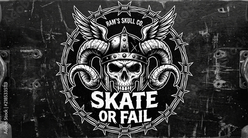 Grunge skateboard logo featuring a horned skull with wings, tribal elements, and Skate or Fail text on a dark textured background.