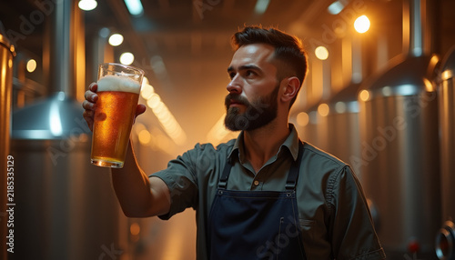 Enjoying oktoberfest with a cheerful toast as a man raises his beer in a lively brewery atmosphere