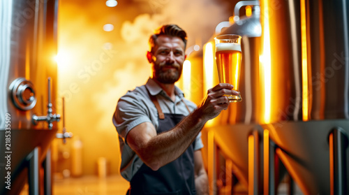 Master brewmaster inspecting craft beer quality in a modern brewery with festive oktoberfest atmosphere