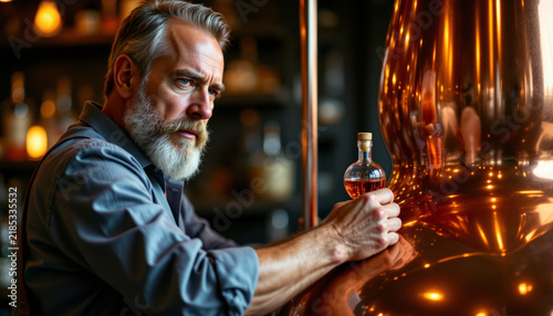 Master distiller analyzing spirits beside a polished copper pot still in a warm rustic distillery setting