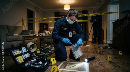 Forensic Investigator Collects Evidence At Crime Scene