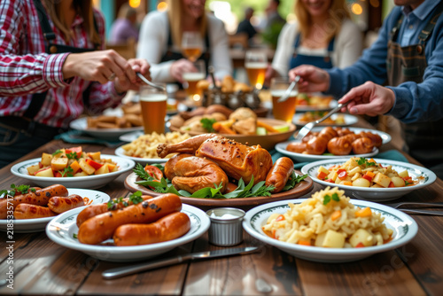Ultra realistic festive oktoberfest food spread featuring sausages sides and beer at a celebration table