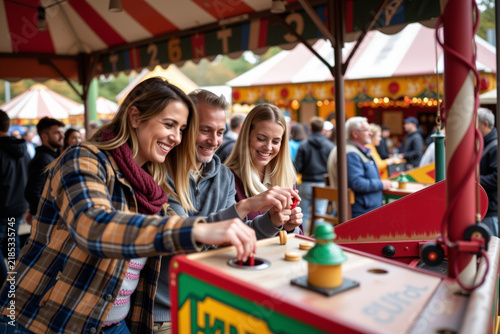 Happy friends celebrating oktoberfest at a lively fairground filled with beer games and festive activities