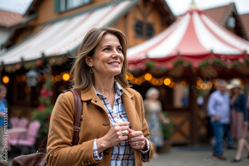 Joyful woman enjoying oktoberfest celebrations with a festive atmosphere in autumn at a traditional beer garden
