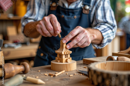 Skilled artisan meticulously creating a wooden model house in a warm workshop honoring the craft of woodworking