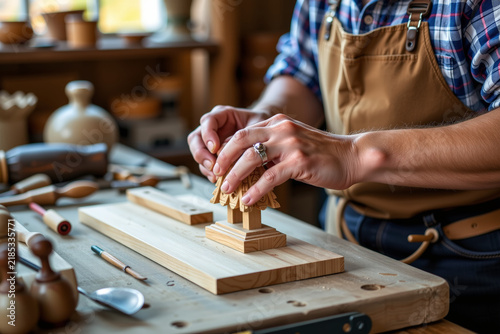 Craftsman assembling wooden model in workshop celebrating oktoberfest with autumn inspired craftsmanship