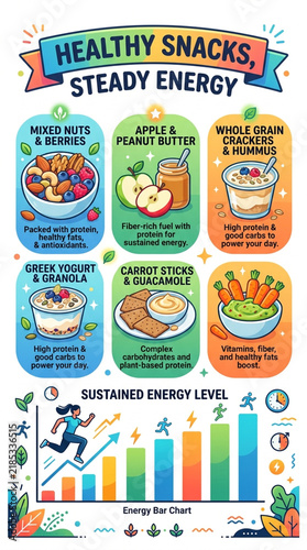 Healthy Snacks for Sustained Energy Infographic with Nutritional Guide