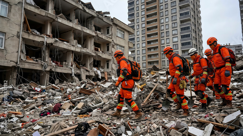 A search and rescue workers navigating earthquake rubble in disaster zone