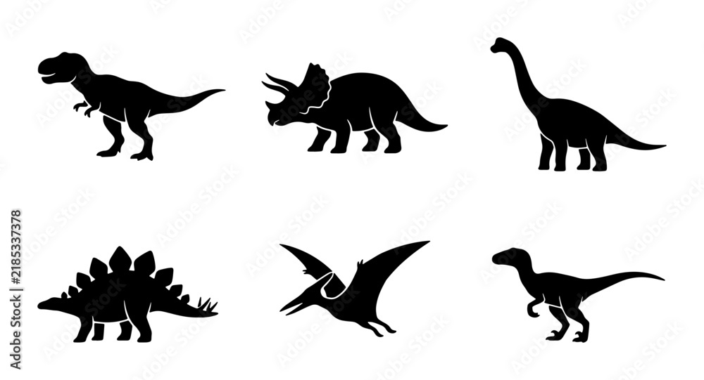 Fototapeta premium Dinosaur Silhouettes Collection: Tyrannosaurus, Triceratops, Brontosaurus, Stegosaurus, Pterodactyl, Raptor Vector Icons