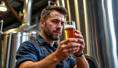 A thoughtful man examines a pint of beer in a brewery setting capturing the essence of oktoberfest celebration and autumn festivities