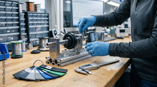 Engineer testing elastic component on precision test bench in laboratory. Concept of design, material, product, evaluated, quality control, material testing.