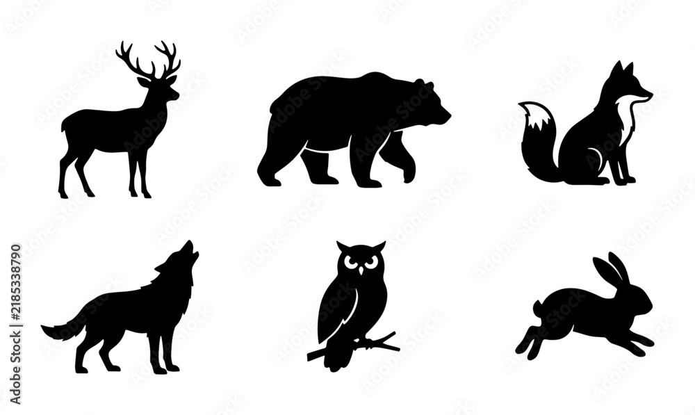 Obraz premium Forest Wildlife Silhouette Icons: Deer, Bear, Fox, Wolf, Owl, Rabbit Vector Set