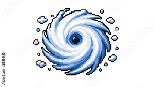 Cute blue swirling hurricane or cyclone icon with water droplets, playful tropical storm weather illustration isolated on white background