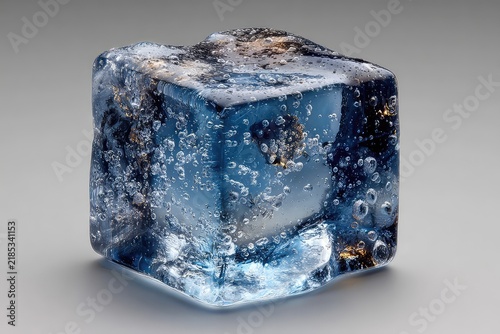 A hyper realistic photo of a single ice cube with tiny bubble