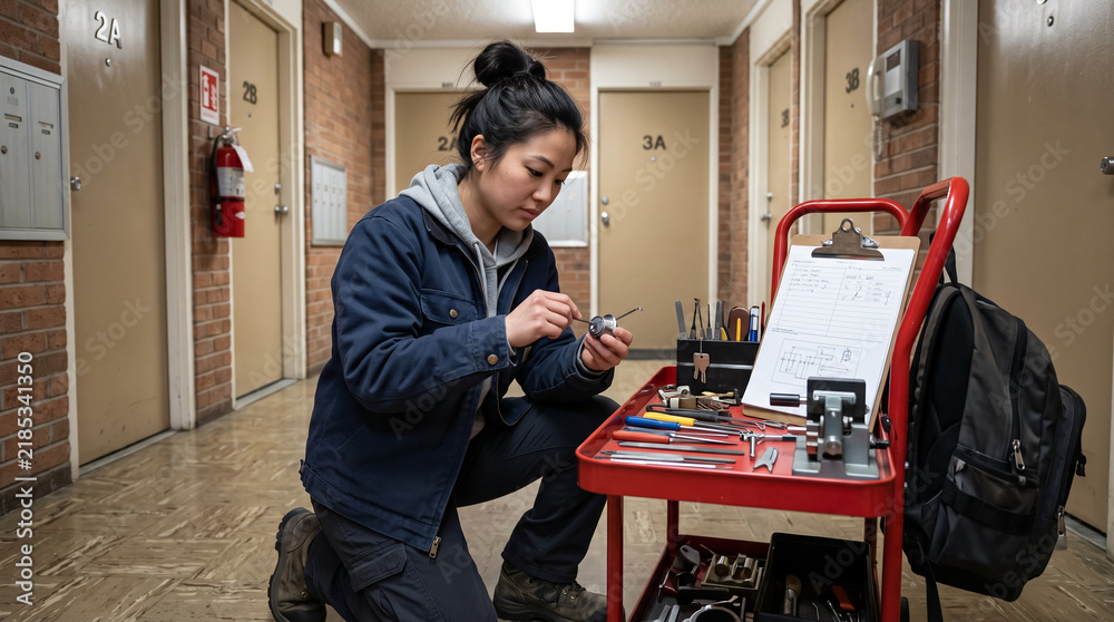Obraz premium Female locksmith repairing door cylinder mechanism with picks and tools on service cart in apartment hallway. Concept of lock, prepares, equipment, lock picking, cylinder lock, lock tools.