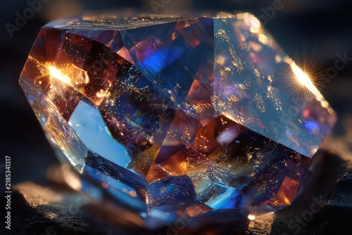 A macro shot of a crystal with light refracting