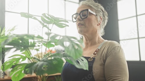 Middle age woman florist in apron inspects monstera leaves with gloved hand in studio; gentle care serenity.