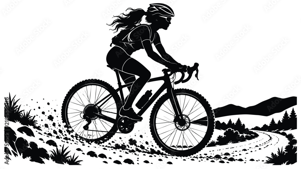 Fototapeta premium Woman riding a bicycle through a scenic mountain landscape, outdoor cycling adventure, exercise, travel, recreation, and active lifestyle