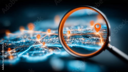 A magnifying glass focused on map location pins represents geolocation search and digital route planning for navigation and tracking.
