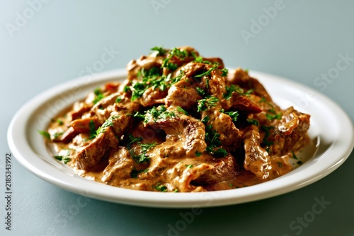 Beef stroganoff sits on a white plate against a plain teal background