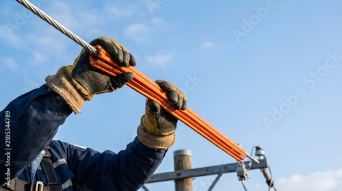 Electrician hands attaching orange spiral bird flight diverter to overhead steel power line cable