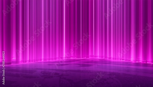 Glowing vertical magenta tubes create rhythmic patterns above a textured floor in this vibrant abstract studio lighting digital art display