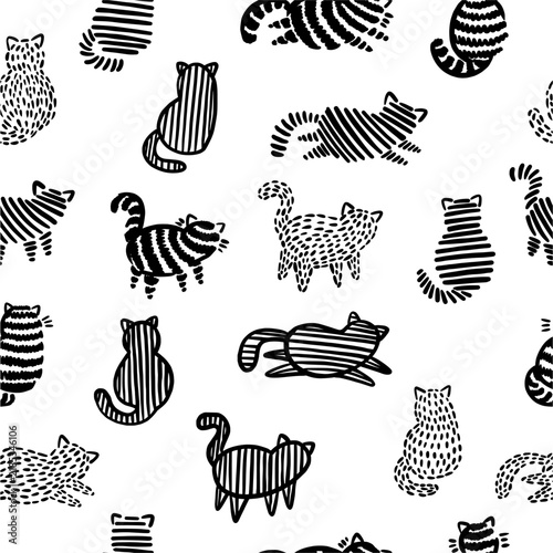A pattern of stylized cats drawn by hand in a doodle style.