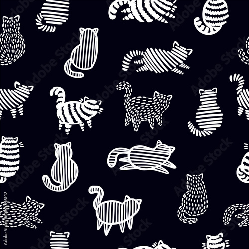 A pattern of stylized cats drawn by hand in a doodle style.