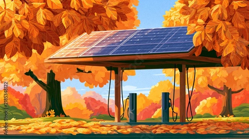 Charging station has solar panels and two charging points in a park with trees