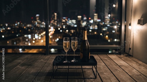 Champagne celebration for two on a balcony overlooking a city at night