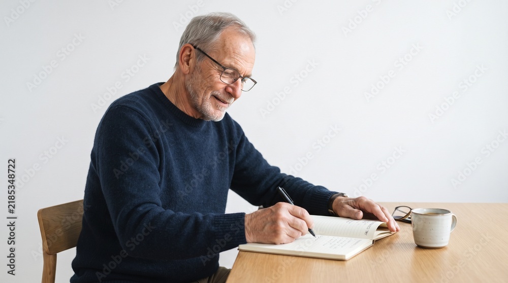 Fototapeta premium Senior man with glasses writing in a notebook at a wooden table