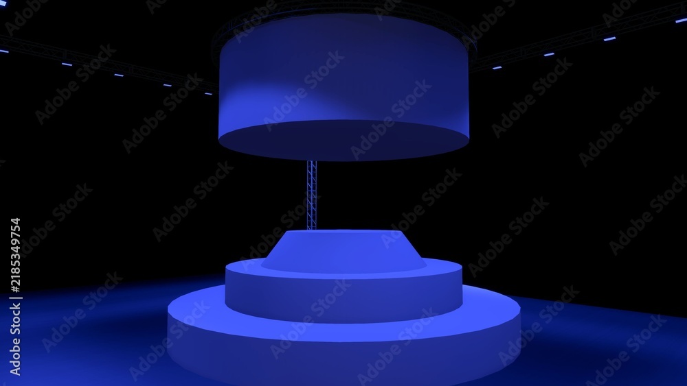 Fototapeta premium Blank Round Podium Stage with Blue Spotlight Lighting, 3D Render Pedestal Display Mockup