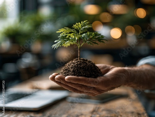 Hand holding a small green sapling in soil, at a stylish cafe with a laptop, clean studio lighting, sharp focus with shallow depth of field, perfect for business website