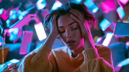 A person holds their head in distress surrounded by glowing screens