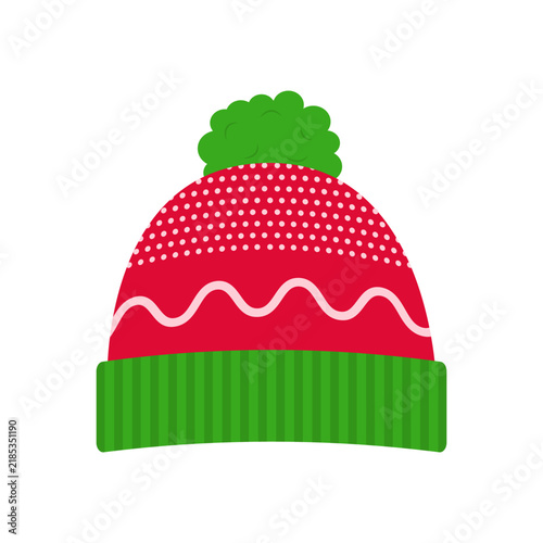 Red and green winter hat vector illustration. Warm outerwear design element.