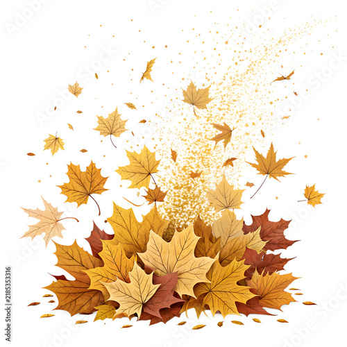 Autumn maple leaves with golden sparkles isolated on white background.