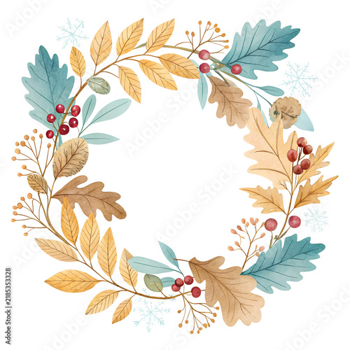 Watercolor autumn and winter wreath with leaves, berries, and snowflakes.