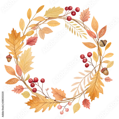Watercolor Autumn Wreath with Oak Leaves and Red Berries